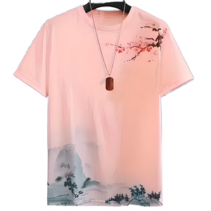 Camiseta de manga corta con cuello redondo para hombre, con estampado de flores de cerezo y paisaje pintado a mano, corte regular, estilo casual, 100% algodón - Product Image 1