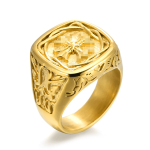 Bague carrée vintage en acier inoxydable avec motif croix en relief, plaquée or véritable 18 carats, pour homme, ne ternit pas - Product Image 6