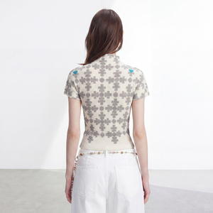 Short Sleeve Loose Fit Women's Knitted Chiffon Turtleneck Crop Top Geometric Flowers <b>Y2K</b> Eco-Friendly Vintage Breathable Spring - Product Image 5