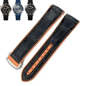 Planet Ocean 600 20MM 22MM Waterproof Watchband Black Blue Genuine Leather Silicone Bottom Strap Nature Leather Band Fashion