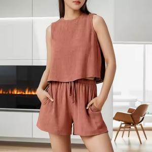 Ensemble deux pièces pour femmes, débardeur court sans manches et short, style bohème décontracté d'hiver, patchwork uni, tissé respirant, automne - Product Image 3