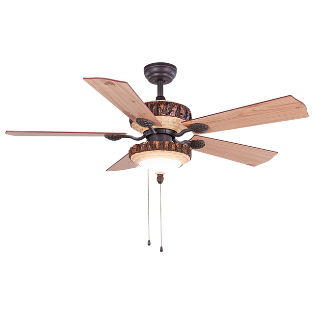 Vintage Decorative Lighting Pine Wood Remote Control DC 48 Inch Ceiling Fan With Pendant Light