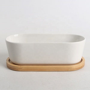 Pot de fleurs en céramique <span class=keywords><strong>rond</strong></span> blanc de grande taille pour plantes d'intérieur, décoration de bureau, avec plateau en bois - Product Image 2