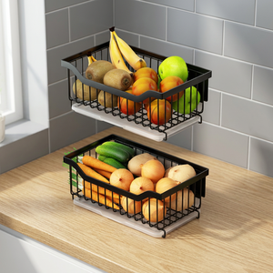 <b>Stackable</b> Iron Wire Modern Eco-Friendly Fruit <b>Basket</b> Storage Organizer for Kitchen Counter Matte Black Rectangle Design - Product Image 2