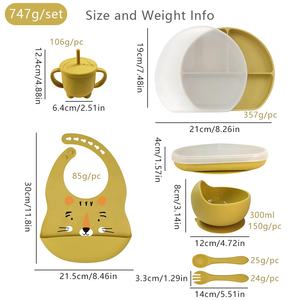 Vente en gros Ensemble de 7 pièces Assiettes en silicone pour bébé sans BPA avec couvercle Bol à succion pour escargot Bavoir pour animaux Couverts Tasse à paille Spork en silicone - Product Image 2
