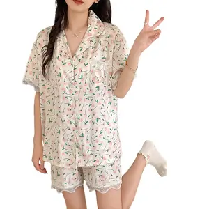 New lace lace summer short-sleeved shorts ins sweet floral ice silk women's loungewear two-piece set