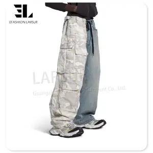LARSUR Custom Clothing Manufacturer Ripstop Cotton Camo Cargo Pants Hybrid Baggy Jeans Distress Wash Remove Tactical Pants Men