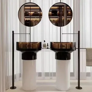 Design moderno chiaro trasparente con piedistallo lavabo Freestanding lavabo in resina pura di cristallo per pavimenti in pietra in resina