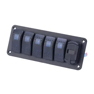 Panel saklar 12 volt mobil, sakelar Rocker Toggle 5 Gang, pengukur voltase USB LED biru