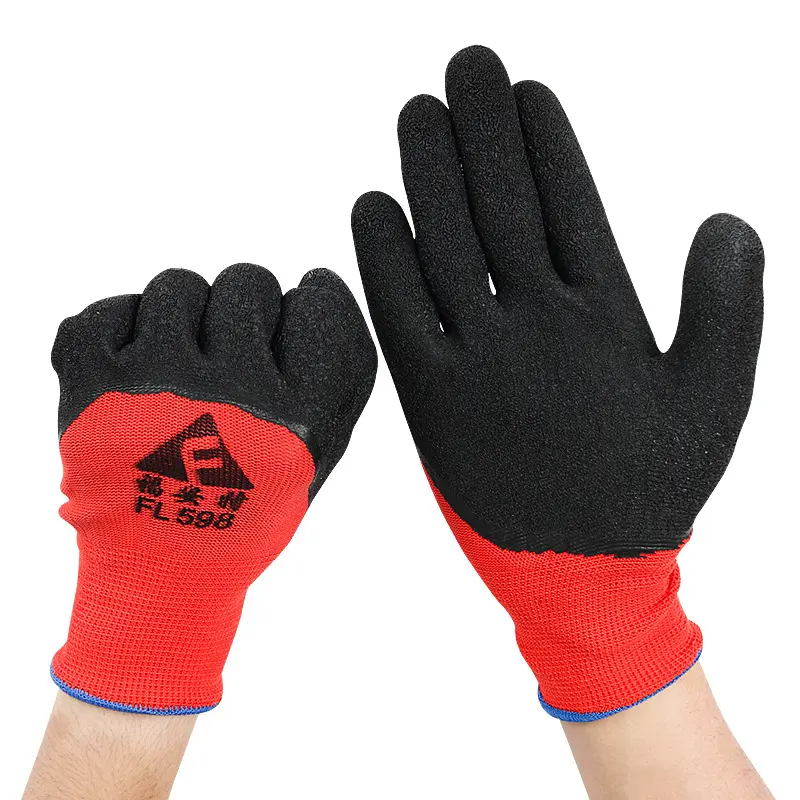 Wholesale custom top printed hand job cotton yarn wrinkled work safety latex coated gloves