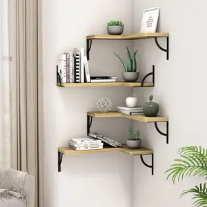 Customized Set Of 4 Corner Wood Floating Shelves Wall Mounted Wood Display Storage Wall Shelves For Living Room