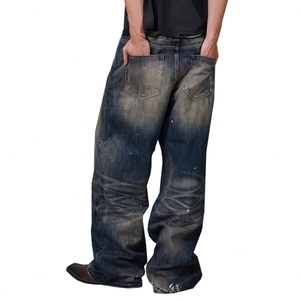 Wholesale Customized Light Blue Baggy <b>Flared</b> <b>Jeans</b> Men Spring Splash-Ink Design Distressed Denim Hip Hop Streetwear Men's <b>Jeans</b> - Product Image 2