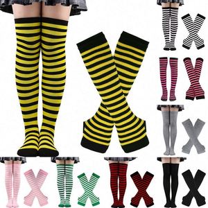 1 Set Women <b>Thigh</b> High Over the Knee Socks for Ladies Black White Striped Polyester Hosiery Long Stockings Knitted Warm - Product Image 1