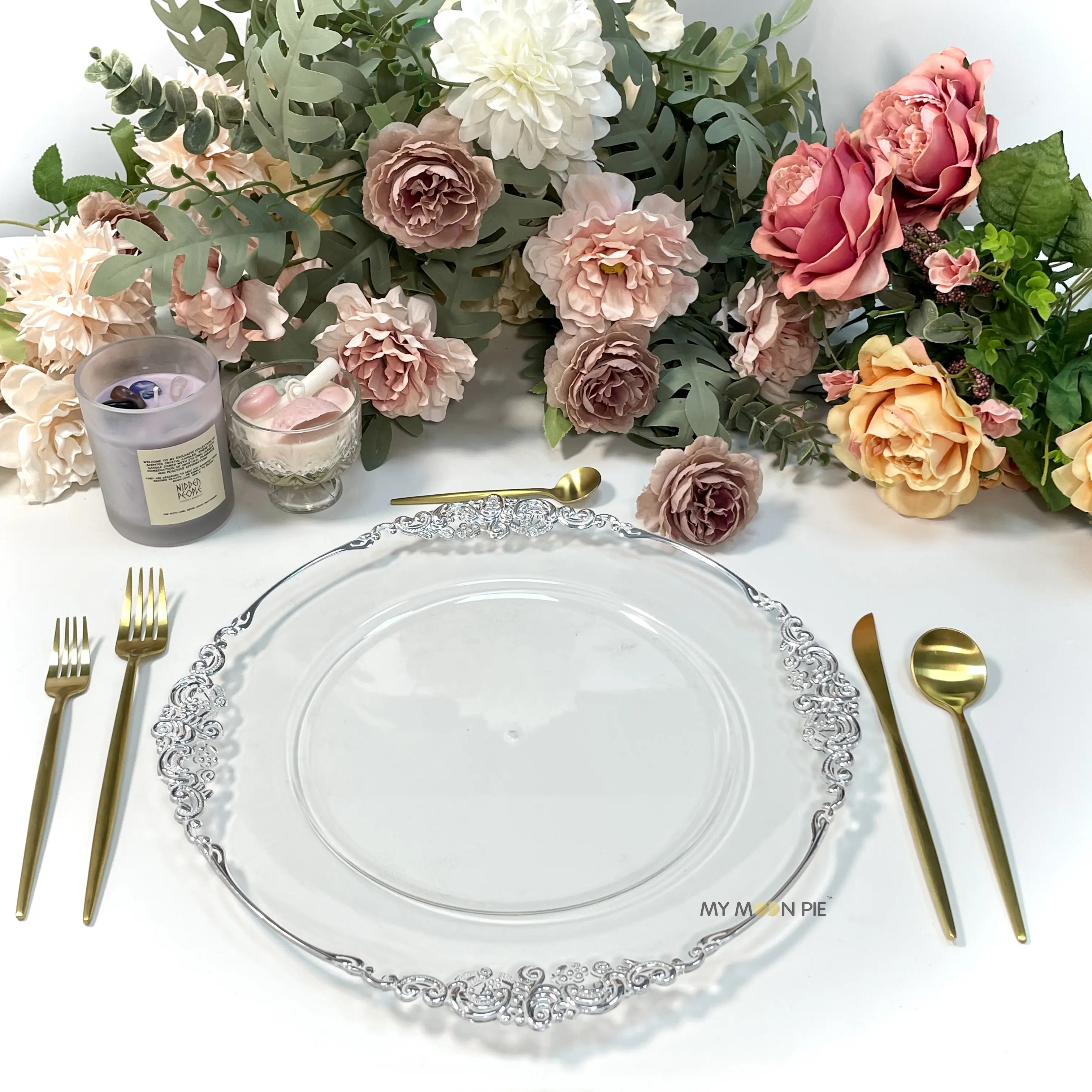 13Inch Floral Trim Clear Plastic Acrylic Charger Plates for Wedding Party Decoration