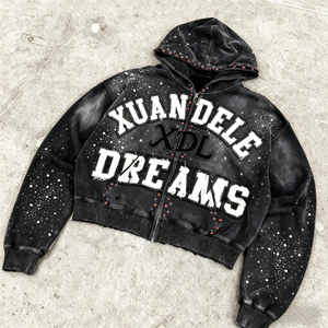 Sweat à capuche personnalisé avec fermeture éclair, imprimé brodé effet pierres précieuses et paillettes, délavé soleil, vintage, vieilli, délavé à l'acide, orné de strass en forme de diamant - Product Image 1