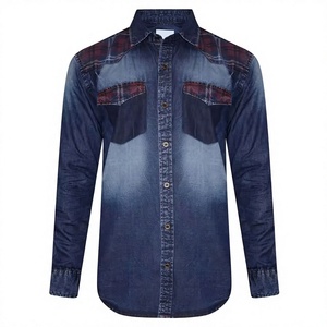Men's Washed Denim <b>Shirt</b> Long Sleeve Button Down Plaid <b>Patchwork</b> Casual Cotton Jean <b>Shirt</b> with Chest Pockets - Product Image 1