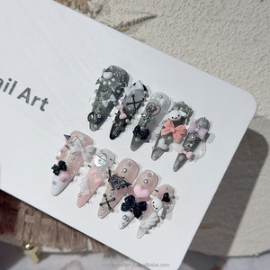 <span class=keywords><strong>Uñas</strong></span> Postizas de Alta Calidad, Lindas y Elegantes, en Forma de Ataúd, Negras y Rosas, con Diseño de Dibujos Animados, Hechas a Mano - Product Image 4