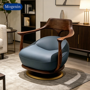 Modern New Solid Wood Swivel Accent Chair <b>Black</b> Leather Upholstered Leisure Armchair Gold Metal Base Hotel Use - Product Image 1