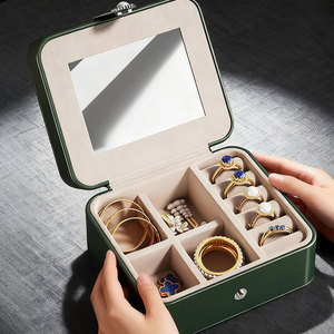 Jewelry <b>Box</b> Pu Leather Storage Case With Mirror Ring Earring Organizer Portable Compact Design For Women Jewelry Organizers - Product Image 1