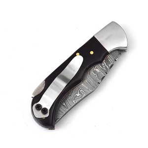 Cuchillo plegable de acero de Damasco, cuchillo de caza de supervivencia, cuchillos plegables de acero de Damasco de autodefensa para exteriores con Funda de cuero - Product Image 2