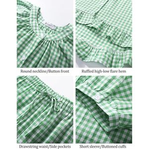 Womens Gingham <b>Pajamas</b> <b>Set</b> 2 Piece Cotton Short Sleeve Ruffle Shirt Shorts Summer Lounge Outfit Casual Sleepwear - Product Image 6