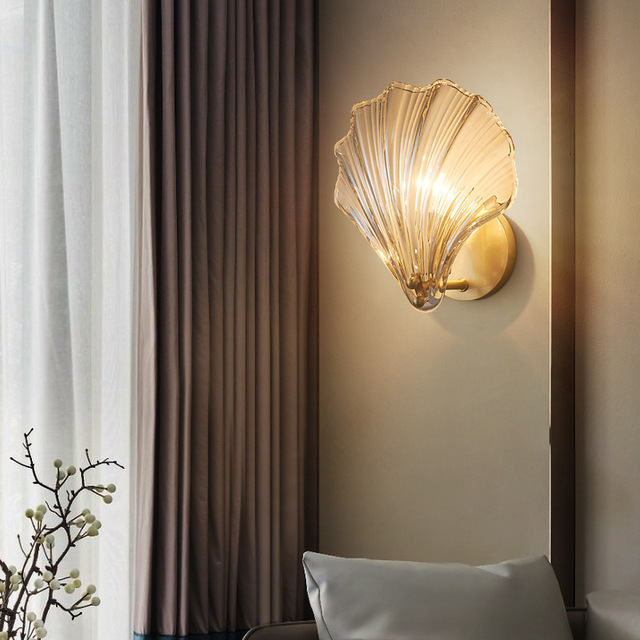 Modern Gold Led Sconces Glass Sea Shell Wall Lights for Living & Bedroom for Hotel Use