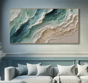 Peinture acrylique sur toile abstraite moderne de taille personnalisée, beige naturel, blanc, <span class=keywords><strong>bleu</strong></span>, vagues océaniques, décoration murale pour la maison, salon - Product Image 6