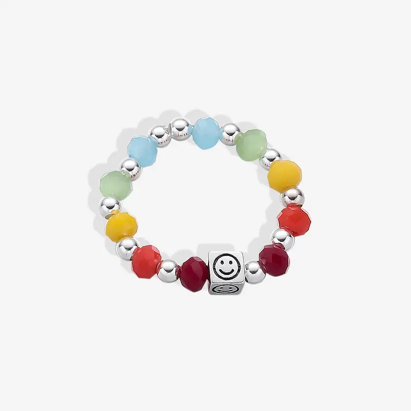 Square Smiley Face Colorful Bead Ring Women's S925 Sterling Silver Color Bead String Love Heart Shape Charm Index Finger Ring
