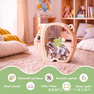 Hucha de madera con forma de cerdo, color madera natural, para niños de 5 a 7 años, estilo moderno y sencillo. - Product Image 2