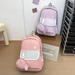 KALUOGE Student Backpack 15 Inches Pink Cartoon Cat Fishing Design For Girls School Education Large Capacity Color Blocking - Product Image 3