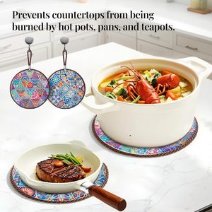 แผ่นรองกันความร้อนเซรามิกแบบแขวน แผ่นรองกันความร้อนพอร์ซเลน ฐานไม้ก๊อก ขนาด 6 นิ้ว ป้องกันจานร้อน ปกป้องโต๊ะ เป็นมิตรกับสิ่งแวดล้อม - Product Image 2