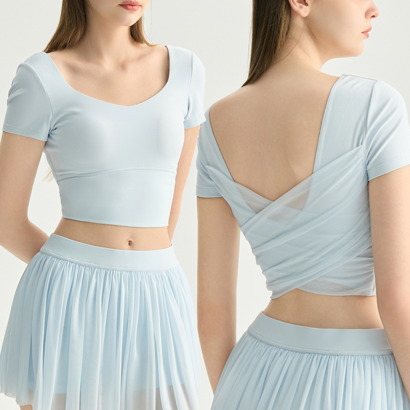 Women's Breathable Scoop Neck Crop Top Workout Fitness Yoga Sports Cropped T Shirts Build With Padded Activewear Gym Clothes