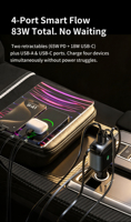 Cargador de Coche con Encendedor de Cigarrillos Retráctil Doble, Carga Rápida PD, Cables USB-C Retráctiles con Puertos USB-C y USB-A