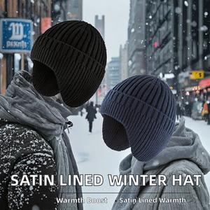 Bonnet en tricot à carreaux doublé satin avec pompon en fausse fourrure, unisexe, épais et ample, design côtelé et dessiné à la main pour l'hiver - Product Image 2