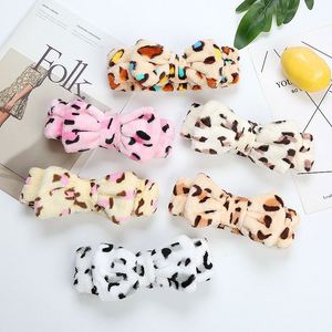 Leopard Print Coral Fleece Face Wash Headband Women Velcro Wide Brim Bow <b>Plush</b> Hair Band Cute Skincare Makeup Spa Hair Hoop - Product Image 2