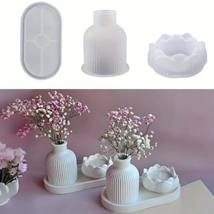 Set di 3 Stampi in Silicone per Resina Fai da Te Candelabro a Loto Vaso per Piante Grasse Stampo in Gesso e Cemento Vassoio Ovale Decorazione per la Casa - Product Image 2