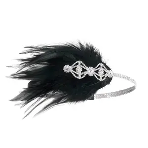 Gran Gatsby Flapper Girl Vintage Dacing Party Showgirl Headwear Mujeres 1920s Pluma Diadema de diamantes de imitación