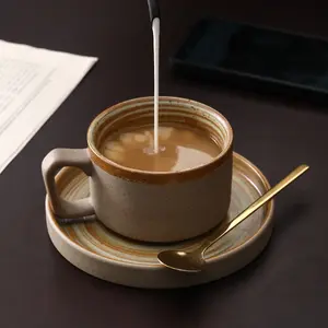 בעבודת יד בציר אמנות כוסות חרס גס חלב קרמיקה ספל עם צלחת קפה כוסות ותחתית סט עבור מורה מתנה