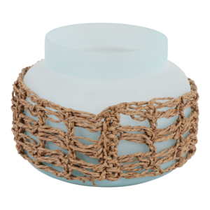 Candela in barattolo di vetro con coperchio in legno e rivestimento in tessuto decorativo per uso domestico interno - Product Image 3