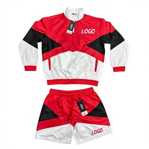 Men's Red <b>White</b> Black Color Blocking Track Suit Set <b>Quarter</b> <b>Zip</b> Jacket Shorts Sporty Style Polyester Summer Windbreaker Set 2026 - Product Image 1