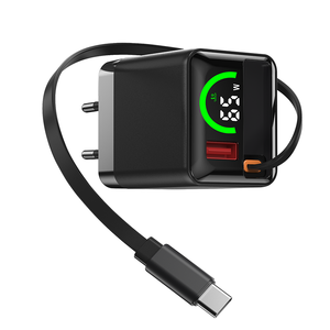 Cargador GaN USB C PD con cable retráctil tipo C, salida de potencia de 25W-65W, adaptadores de carga rápida, pantalla digital LED inteligente, cargador GaN. - Product Image 1
