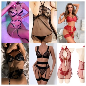 Wholesale Sexy Lace <b>Lingerie</b> Set Women Underwire Bra Thong Garter Straps Sheer Hollow Bodysuit Floral Pattern <b>Red</b> <b>Black</b> - Product Image 1