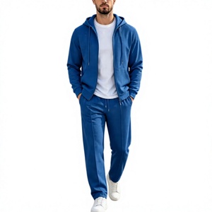 Survêtement bleu à capuche pour homme, coupe droite, couleur unie, fermeture éclair, décontracté, automne, polyester, respirant, polaire, coupe régulière, côtés zippés - Product Image 1