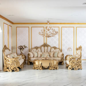 طقم كنب فاخر على الطراز الملكي الكلاسيكي بتطعيمات من أوراق الذهب وخشب صلب منحوت، أثاث أنتيك لغرفة معيشة فخمة، كنب مقطعي - Product Image 1