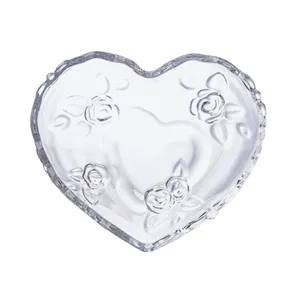 Decorative Romantic 16cm Heart Shape Glass Deep Plate For Snack Salad Nuts Embossing Rose Design Dessert Bowl Factory Wholesale