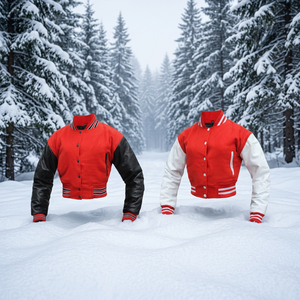 Red <b>White</b> Varsity <b>Jacket</b> PU Material Stand Button Closure Unisex Preppy Style <b>Short</b> Length Regular Sleeve Winter Windproof Front - Product Image 5