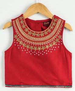 Ensemble ethnique pour filles Twisha : haut brodé et pantalon dhoti imprimé rouge et vert pour les festivals (6 mois - 14 ans) - Product Image 2