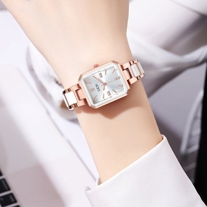Womens Rose Gold Square Watch <b>White</b> Ceramic Bracelet Crystal <b>Markers</b> Sunburst Dial Quartz Wristwatch - Product Image 4