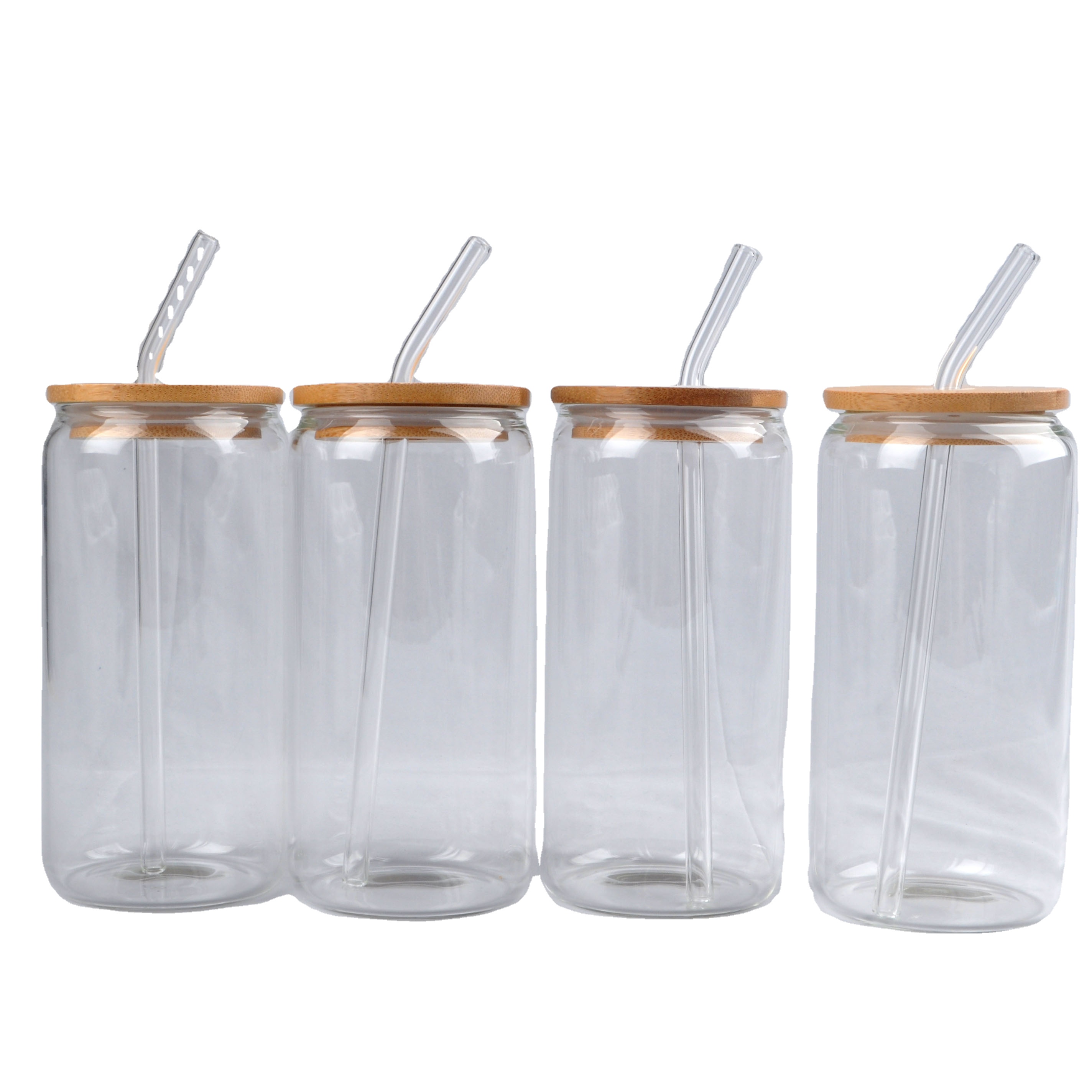 Hot Sale 4 Set / 6 Set Safe Pack High Borosilicate Milk Beer Glass Can with Bamboo Lid and Glass Straw 16oz Glass Can Cup