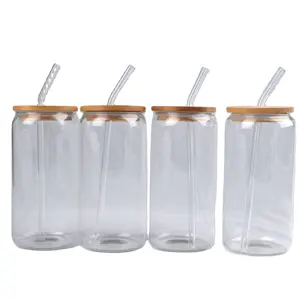 Diskon Besar 4 Set / 6 Set Botol Aman Kaleng Kaca Bir Susu Borosilikat Tinggi dengan Tutup Bambu dan Sedotan Kaca 16Oz Cangkir Kaleng Kaca